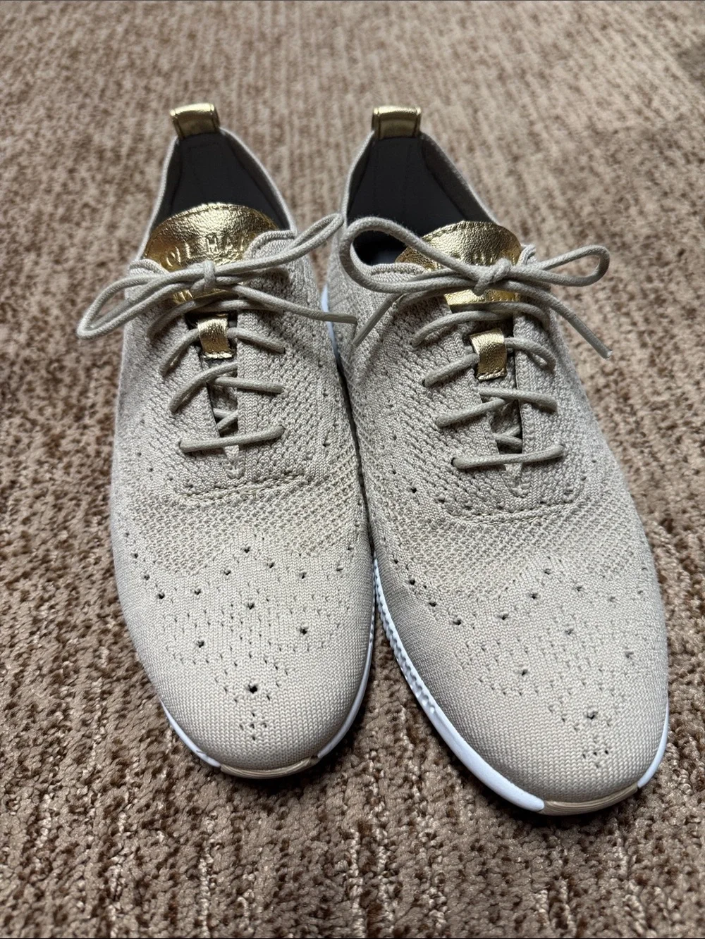 Cole Haan Women's Knit Sneakers in Light Beige with Gold Accents